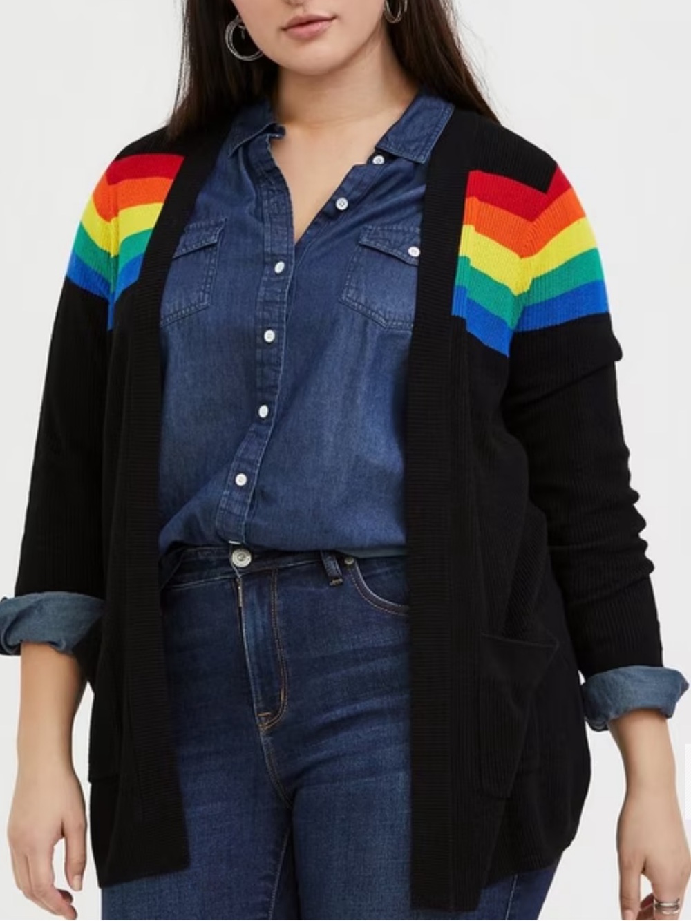 Torrid Celebrate Love Black & Rainbow Stripe Rib
Open Front Cardigan Women’s 2XL